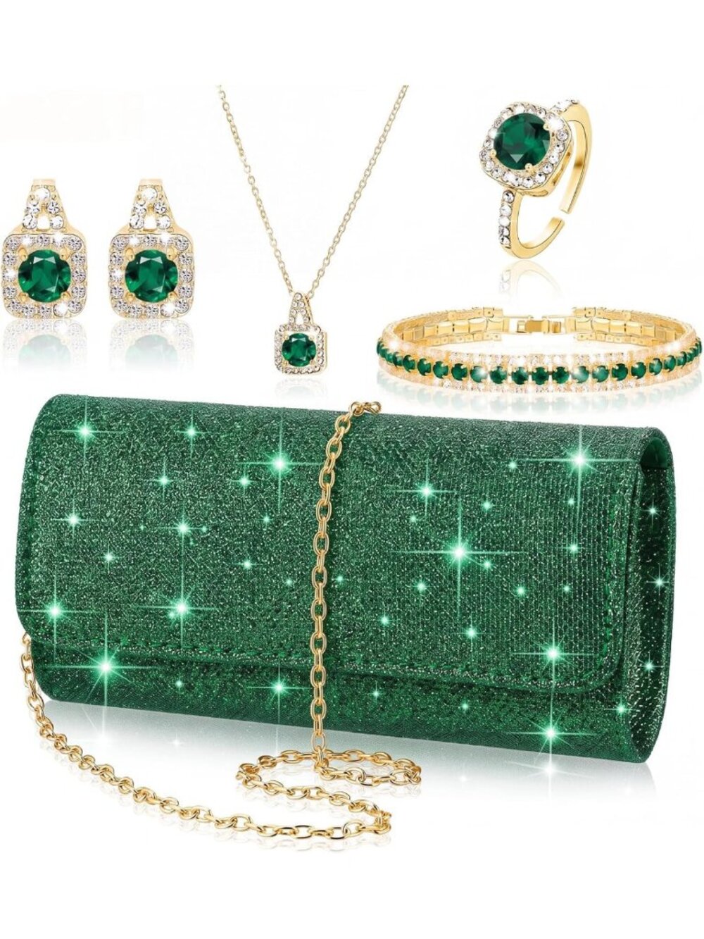 Elegant 5-Piece Rhinestone Jewelry Set & Clutch Purse for Women - Perfect Gift!